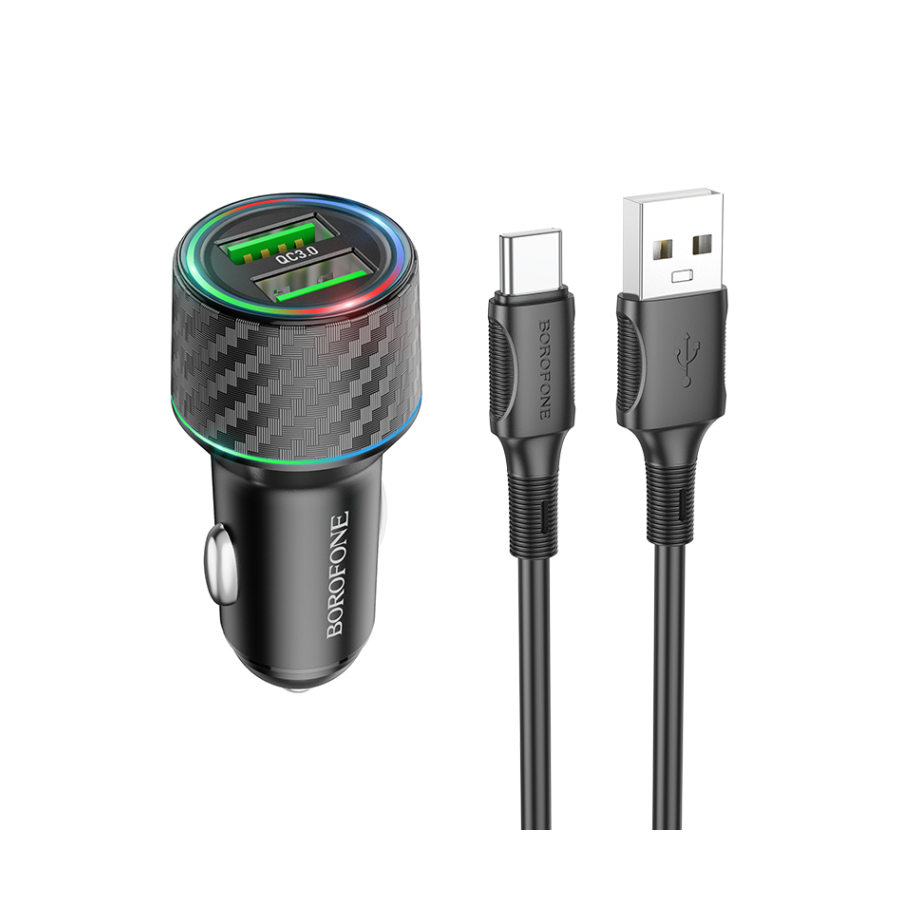 0127130_auto-punja-sa-kablom-1m-usb-to-type-c-borofone-bz21a-brilliant-36w-dual-port-qc30-2xusb-car-set-blac Auto Punjač sa kablom 1m USB to Type-C BOROFONE BZ21A Brilliant 36W dual port QC3.0 2xUSB car set black - Image 1
