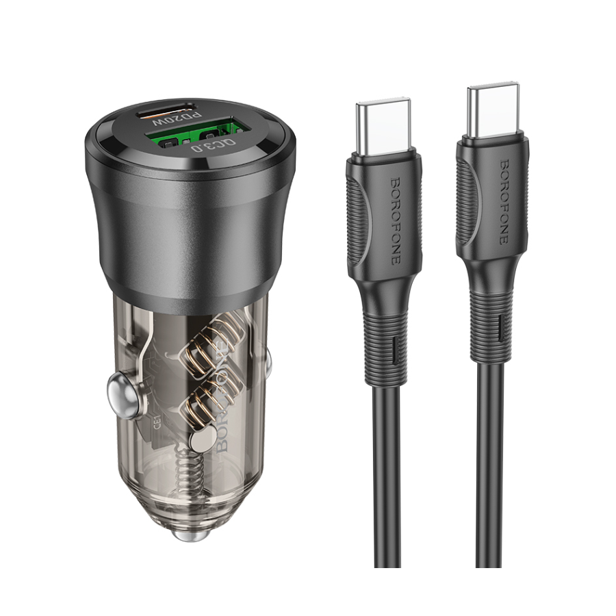 0127168_auto-punjac-sa-kablom-1m-type-c-to-type-c-borofone-bz25-journey-pd38w-usb-type-c-car-set-transparent Auto Punjač sa kablom 1m Type-C to Type-C BOROFONE BZ25 Journey PD38W USB + Type-C car set transparent black - Image 1