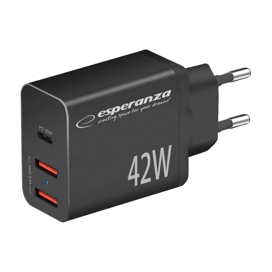 0131465_usb-punjac-type-c-2xusb-a-esperanza-quick-power-charger-42w-usb-c-pd-30w-2x-usb-a-12w-ezc106k USB punjač Type-C + 2xUSB-A, ESPERANZA QUICK POWER CHARGER 42W USB-C PD 30W / 2x USB-A 12W, EZC106K - Image 1