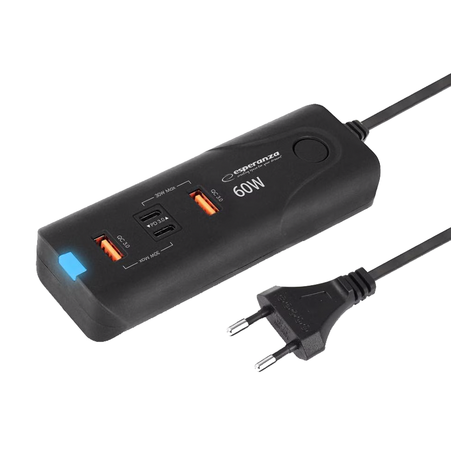 0131468_usb-punjac-2xtype-c-2xusb-a-esperanza-quick-power-charger-60w-2x-usb-c-pd-30w-2x-usb-a-qc-30-18w-ezc USB punjač 2xType-C + 2xUSB-A, ESPERANZA QUICK POWER CHARGER 60W 2x USB-C PD 30W / 2x USB-A QC 3.0 18W, EZC109 - Image 1