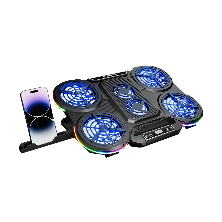 0139201_postolje-za-notebook-gaming-rampage-prote-r6-rgb-lighted-notebook-cooler-stand-with-phone-holder-and Postolje za notebook gaming Rampage PROTE R6 RGB Lighted Notebook Cooler Stand with Phone Holder and 6 Fans, 39395 - Image 1