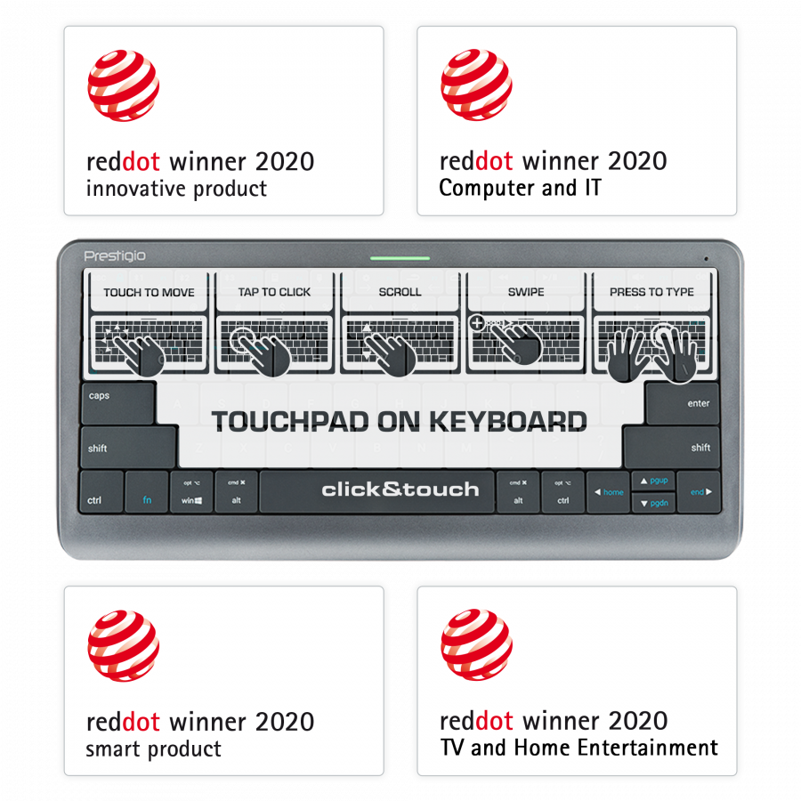 Click&Touch, wireless multimedia keyboard for Smart-TV with touchpad embedded into keys, auto-switch between keyboard and touchpad, connect to 5 devices via Bluetooth, USB dongle and Type-C, LED status indicators, built-in battery, space grey color Click&Touch, wireless multimedia keyboard for Smart-TV with touchpad embedded into keys, auto-switch between keyboard and touchpad, connect to 5 devices via Bluetooth, USB dongle and Type-C, LED status indicators, built-in battery, space grey color - Image 1