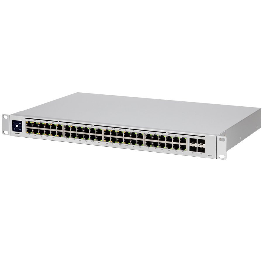 Ubiquiti USW-48-PoE, Layer 2 PoE switch, 32 x GbE PoE+, 16 x GbE ports, 4 x 1G SFP ports, 195W total PoE Power, Fanless, silent cooling, ESD/EMP protection, 1.3" touchscreen LCM display, Rackmount (Kit included) Ubiquiti USW-48-PoE, Layer 2 PoE switch, 32 x GbE PoE+, 16 x GbE ports, 4 x 1G SFP ports, 195W total PoE Power, Fanless, silent cooling, ESD/EMP protection, 1.3" touchscreen LCM display, Rackmount (Kit included) - Image 1