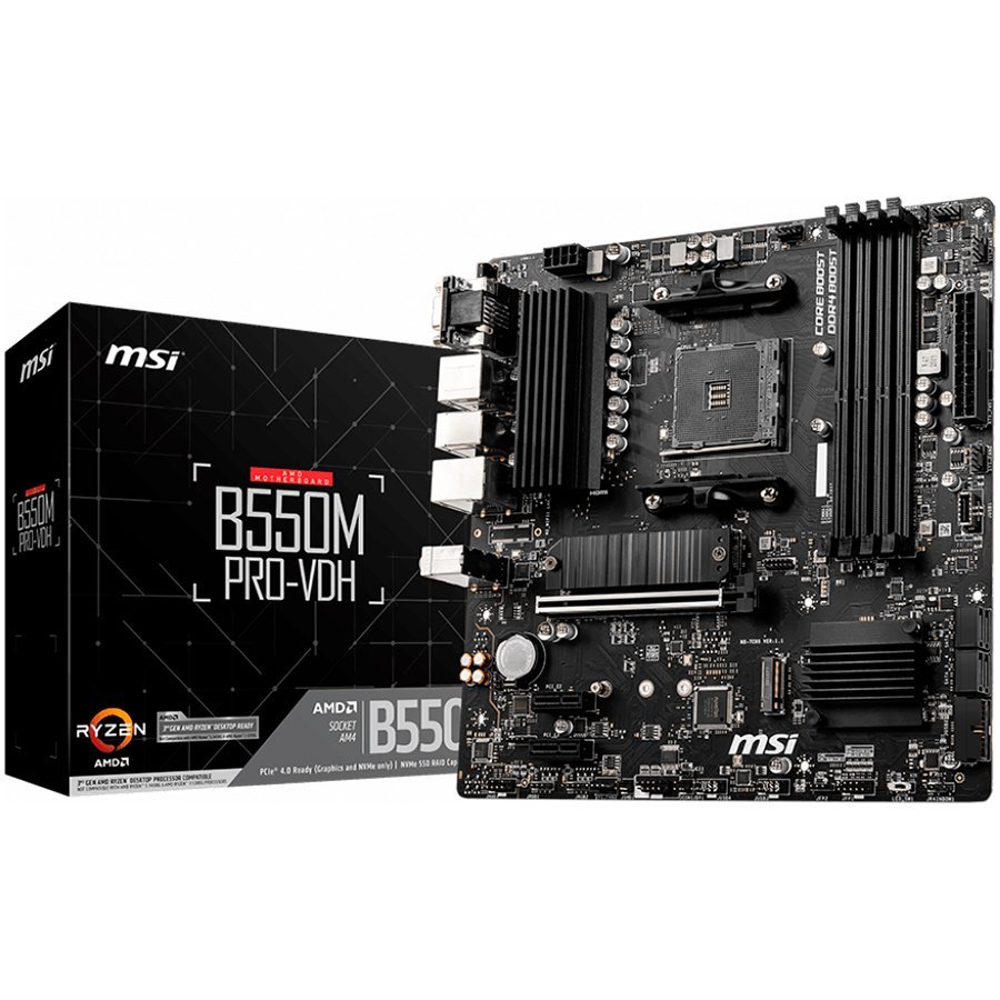 MSI Main Board Desktop B550M PRO-VDH (AM4, B550, 4xDDR4, 1xPCIe x16, 2xPCIe x1, 4xSATA, 2xM.2, 5xUSB3.2 Gen1, 6xUSB2.0, DP, HDMI, D-SUB, GLAN, mATX, Retail) MSI Main Board Desktop B550M PRO-VDH (AM4, B550, 4xDDR4, 1xPCIe x16, 2xPCIe x1, 4xSATA, 2xM.2, 5xUSB3.2 Gen1, 6xUSB2.0, DP, HDMI, D-SUB, GLAN, mATX, Retail) - Image 1