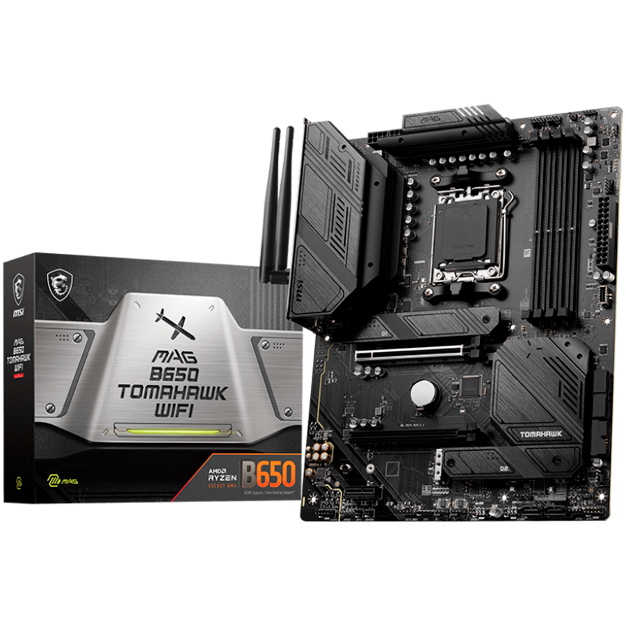 MSI Mainboard Desktop MAG B650 TOMAHAWK WIFI (AM5, 4x DDR5 max. 128GB, 1x PCI-E 4.0 x16x16, 1x PCI-E x1, 3x M.2 4.0, 6x SATA, 2x USB 2.0, 4x USB 3.2 Gen1, 3x USB 3.2 Gen2, 1x USB Type-C 3.2 Gen2, 1x HDMI, 1x DP, RTL8125B 2.5Gbps LAN, Wi-Fi 6E, ATX) MSI Mainboard Desktop MAG B650 TOMAHAWK WIFI (AM5, 4x DDR5 max. 128GB, 1x PCI-E 4.0 x16x16, 1x PCI-E x1, 3x M.2 4.0, 6x SATA, 2x USB 2.0, 4x USB 3.2 Gen1, 3x USB 3.2 Gen2, 1x USB Type-C 3.2 Gen2, 1x HDMI, 1x DP, RTL8125B 2.5Gbps LAN, Wi-Fi 6E, ATX) - Image 1