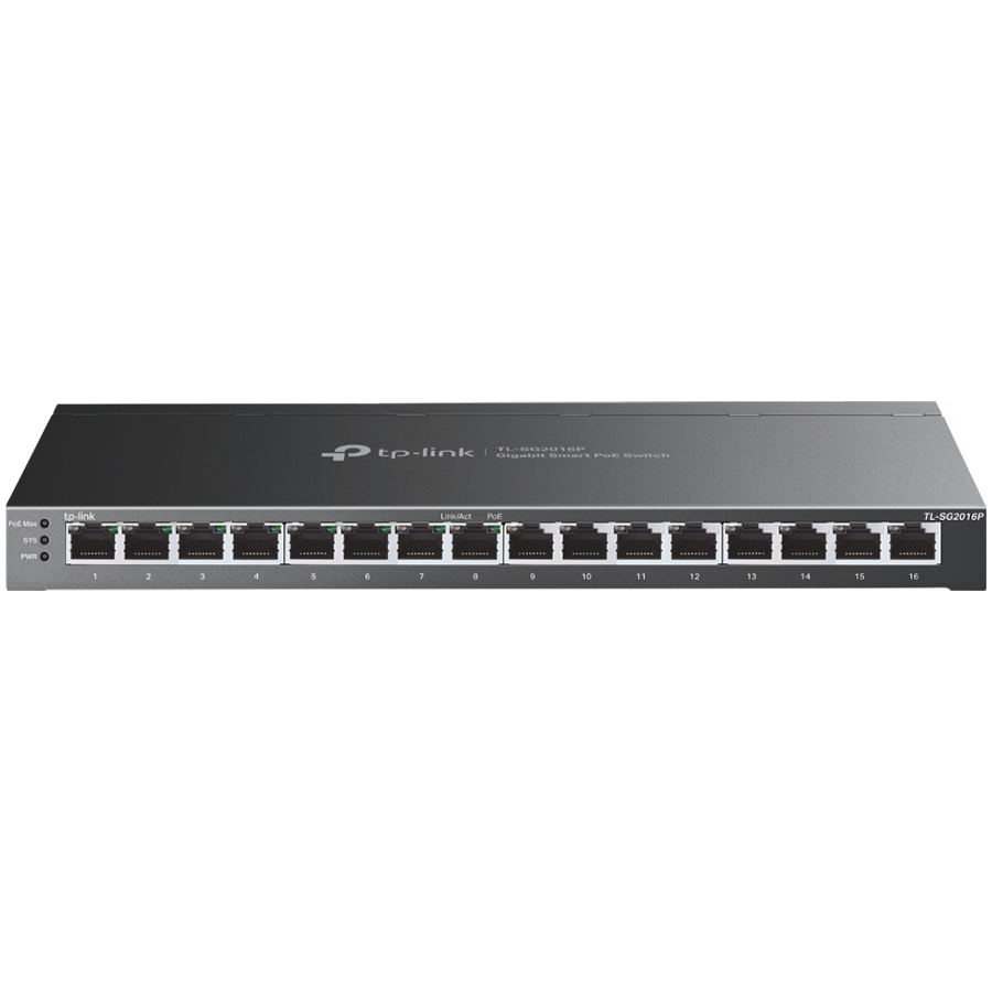 TP-Link TL-SG2016P JetStream 16-Port Gigabit Smart Switch with 8-Port PoE+, 802.3af/at, 120 W PoE Power, Desktop Steel Case, Integration with Omada SDN Controller, Static Routing, 802.1Q VLAN, STP/RSTP/MSTP, IGMP Snooping, 802.1p/DSCP QoS, ACL,802.1x TP-Link TL-SG2016P JetStream 16-Port Gigabit Smart Switch with 8-Port PoE+, 802.3af/at, 120 W PoE Power, Desktop Steel Case, Integration with Omada SDN Controller, Static Routing, 802.1Q VLAN, STP/RSTP/MSTP, IGMP Snooping, 802.1p/DSCP QoS, ACL,802.1x - Image 1