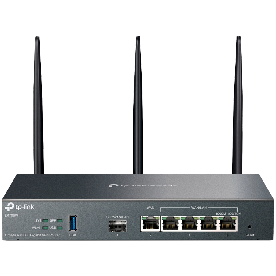 TP-Link ER706W Omada AX3000 Wi-Fi 6 Gigabit VPN Router, 1× Gigabit SFP WAN/LAN Port, 1× Gigabit RJ45 WAN Port, 4× Gigabit WAN/LAN RJ45 Ports, 1× USB 3.0, 574Mbps at 2.4 GHz + 2402 Mbps at 5 GHz (HE160), Integration with Omada SDN, SSL VPN, OpenVP TP-Link ER706W Omada AX3000 Wi-Fi 6 Gigabit VPN Router, 1× Gigabit SFP WAN/LAN Port, 1× Gigabit RJ45 WAN Port, 4× Gigabit WAN/LAN RJ45 Ports, 1× USB 3.0, 574Mbps at 2.4 GHz + 2402 Mbps at 5 GHz (HE160), Integration with Omada SDN, SSL VPN, OpenVP - Image 1