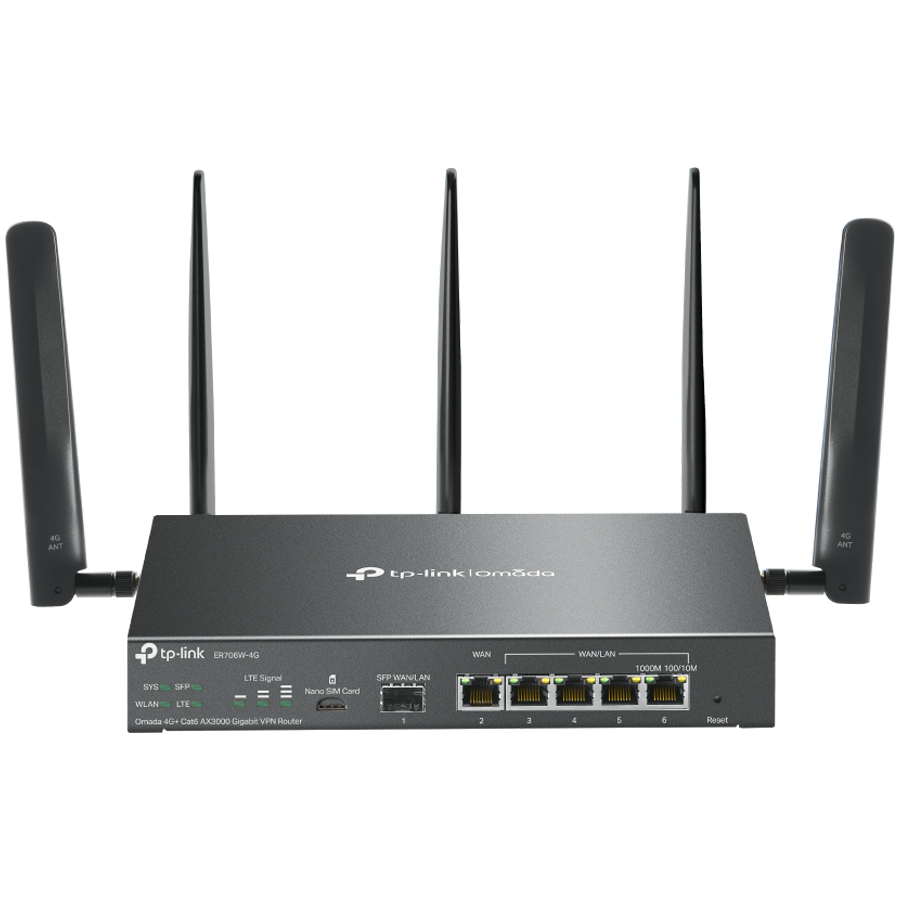 TP-Link ER706W-4G Omada 4G+ Cat6 AX3000 Gigabit VPN Router, 1× G SFP WAN/LAN, 1× G RJ45 WAN, 4× G WAN/LAN RJ45, 1 Nano SIM slot, 574Mbps at 2.4 GHz + 2402 Mbps at 5 GHz, 300 Mbps Download LTE Speed, 2× Detachable LTE Ant., 3× Detachable Wi-Fi Ant. TP-Link ER706W-4G Omada 4G+ Cat6 AX3000 Gigabit VPN Router, 1× G SFP WAN/LAN, 1× G RJ45 WAN, 4× G WAN/LAN RJ45, 1 Nano SIM slot, 574Mbps at 2.4 GHz + 2402 Mbps at 5 GHz, 300 Mbps Download LTE Speed, 2× Detachable LTE Ant., 3× Detachable Wi-Fi Ant. - Image 1