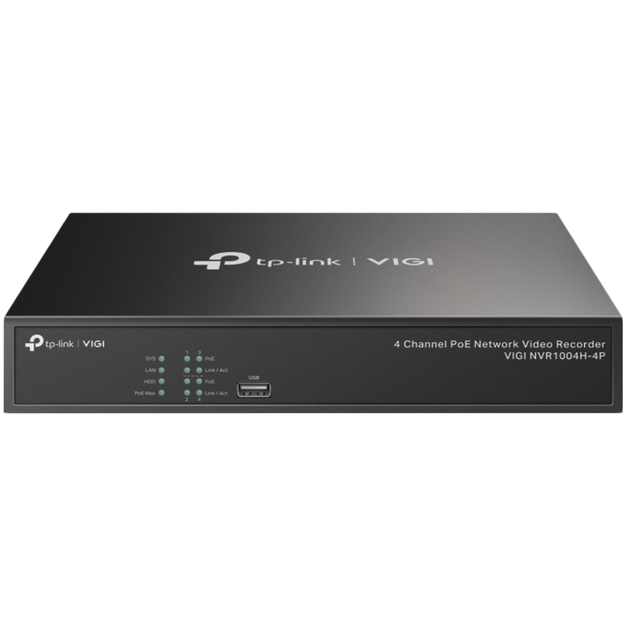 TP-Link VIGI NVR1004H-4P 4 Channel PoE Network Video Recorder, H.265+/H.265/H.264+/H.264, Up to 8MP resolution, 4× 10/100 Mbps PoE+ Ports, PoE budget 53W, 1× SATA Interface(up to 10 TB), 2× USB 2.0, 1× HDMI, 1× VGA, 80 Mbps Incoming Bandwidth TP-Link VIGI NVR1004H-4P 4 Channel PoE Network Video Recorder, H.265+/H.265/H.264+/H.264, Up to 8MP resolution, 4× 10/100 Mbps PoE+ Ports, PoE budget 53W, 1× SATA Interface(up to 10 TB), 2× USB 2.0, 1× HDMI, 1× VGA, 80 Mbps Incoming Bandwidth - Image 1
