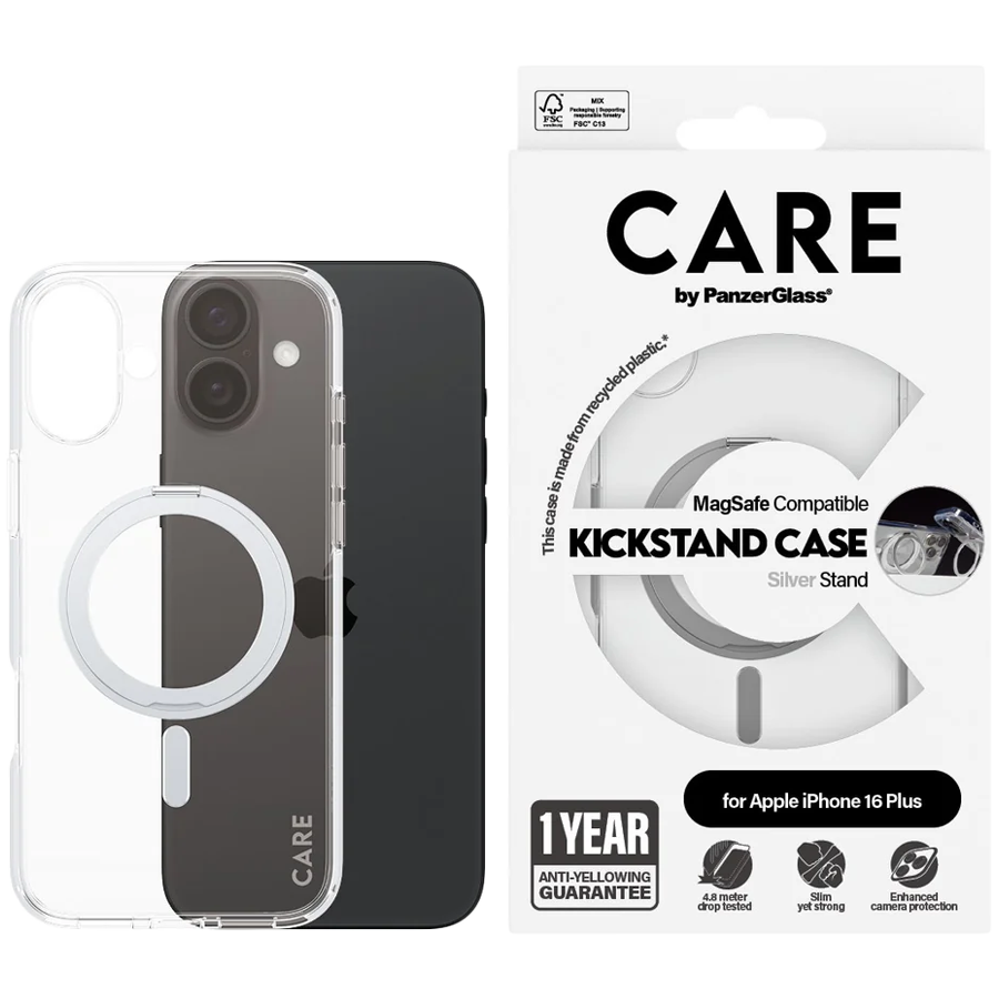 CARE by PanzerGlass Feature Case Transparent w. Silver Kickstand & MagSafe iPhone 16 Plus CARE by PanzerGlass Feature Case Transparent w. Silver Kickstand & MagSafe iPhone 16 Plus - Image 1