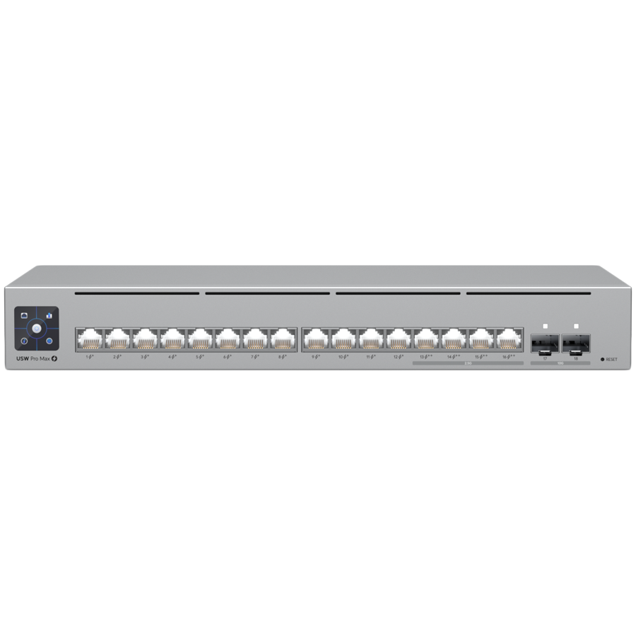 Ubiquiti 16-port, Layer 3 Etherlighting switch with 2.5 GbE, PoE++ output, and versatile mounting options, 4x 2.5 GbE PoE++ ports, 12x GbE PoE+ ports, 2x 10G SFP+ ports, 180W total PoE availability Ubiquiti 16-port, Layer 3 Etherlighting switch with 2.5 GbE, PoE++ output, and versatile mounting options, 4x 2.5 GbE PoE++ ports, 12x GbE PoE+ ports, 2x 10G SFP+ ports, 180W total PoE availability - Image 1