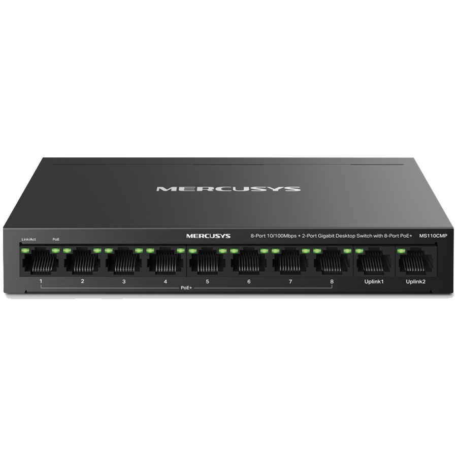 Mercusys MS110CMP 10-Port 10/100Mbps Desktop Switch with 8-Port PoE+, 8 x 10/100 Mbps PoE+ Ports, 2 x Gigabit non-PoE Ports, 115 W PoE Power, Increases PoE transmission distance to 250m by Extend Mode, PoE Auto Recovery, Isolation mode, Metal casing Mercusys MS110CMP 10-Port 10/100Mbps Desktop Switch with 8-Port PoE+, 8 x 10/100 Mbps PoE+ Ports, 2 x Gigabit non-PoE Ports, 115 W PoE Power, Increases PoE transmission distance to 250m by Extend Mode, PoE Auto Recovery, Isolation mode, Metal casing - Image 1