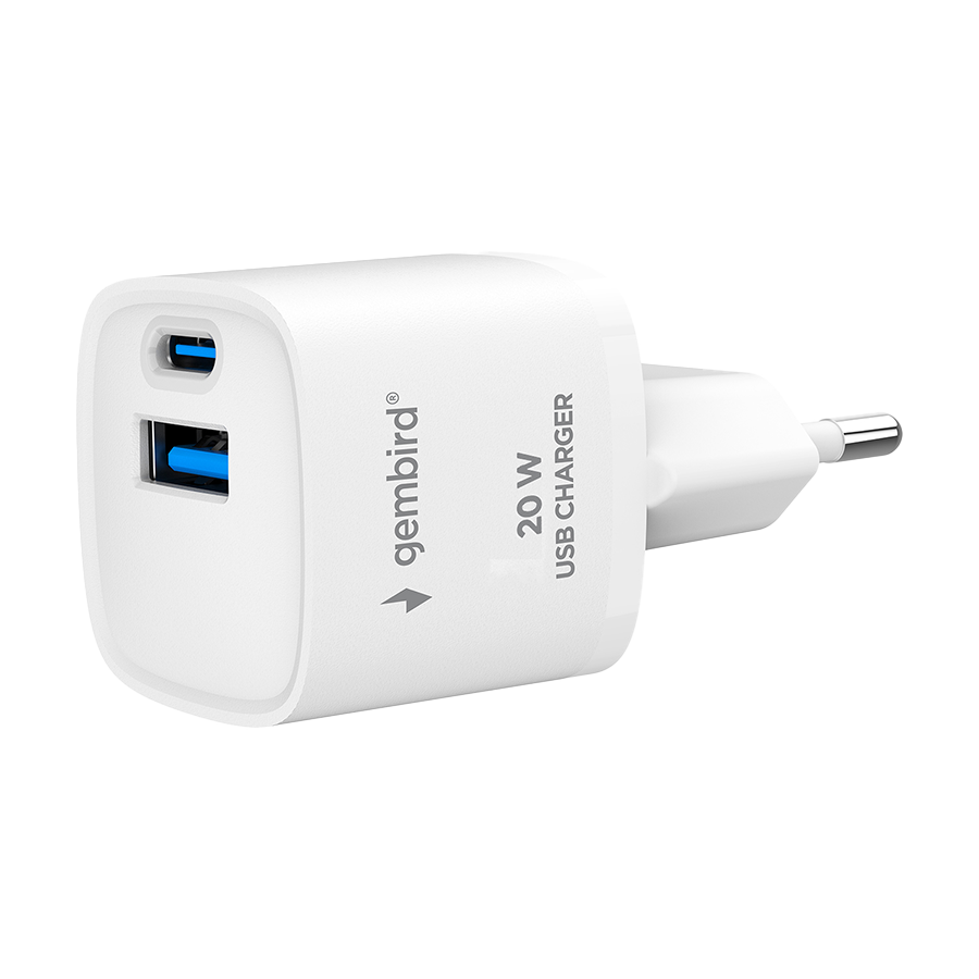 0143675_usb-punjac-1xtype-c-1xusb-a-fast-charger-20w-white-gembird-ta-uc-pdqc20-w-01 USB punjač 1xType-C + 1xUSB-A fast charger, 20W, white, GEMBIRD, TA-UC-PDQC20-W-01 - Image 1