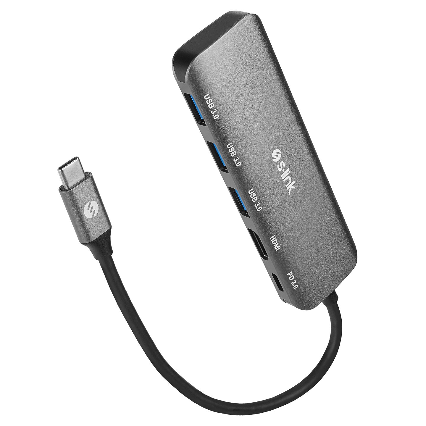 39876_00 Docking station S-link SWV-USBC030 USB adapter Type-C HDMI 4K 30Hz Gray Metal Type-C to 3*USB3.0 6 in 1 1xPD Charger, 1xUSB-C Adapter, 39876 - Image 1