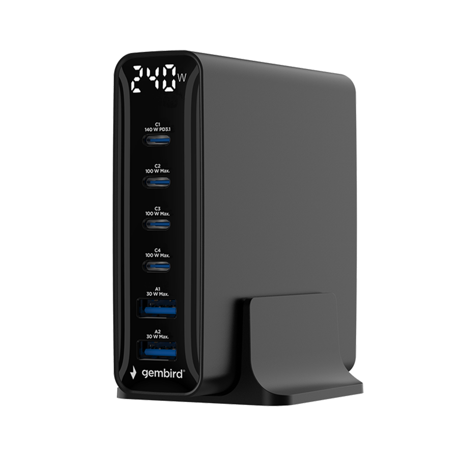 01-75 Power station USB brzi/quick punjač GEMBIRD, 6-port 240 W GaN USB fast charger, black, TA-UC-2A4C-PD240-01-BK - Image 1