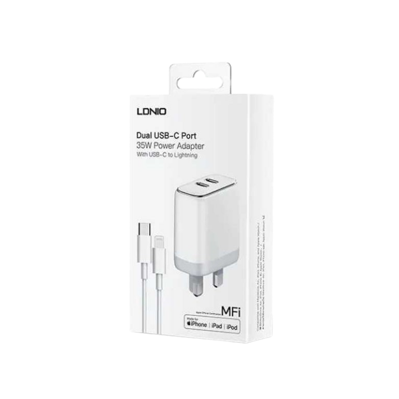 MFi Kucni punjac LDNIO A2528M 35W PD (2xUSB-C) kabal iPhone MFi Kucni punjac LDNIO A2528M 35W PD (2xUSB-C) kabal iPhone - Image 1